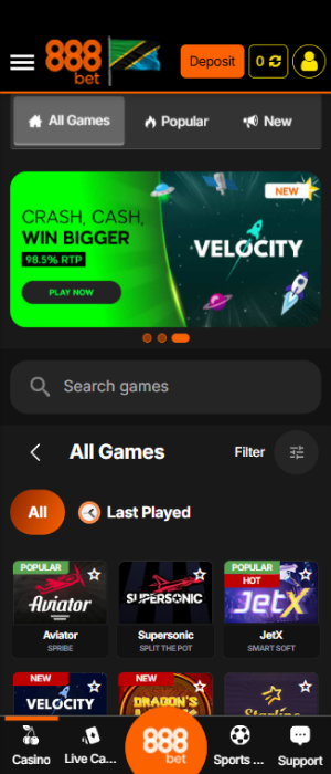 Collection of casino games in the 888bet app