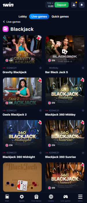 Blackjack section of the 1win Tanzania app